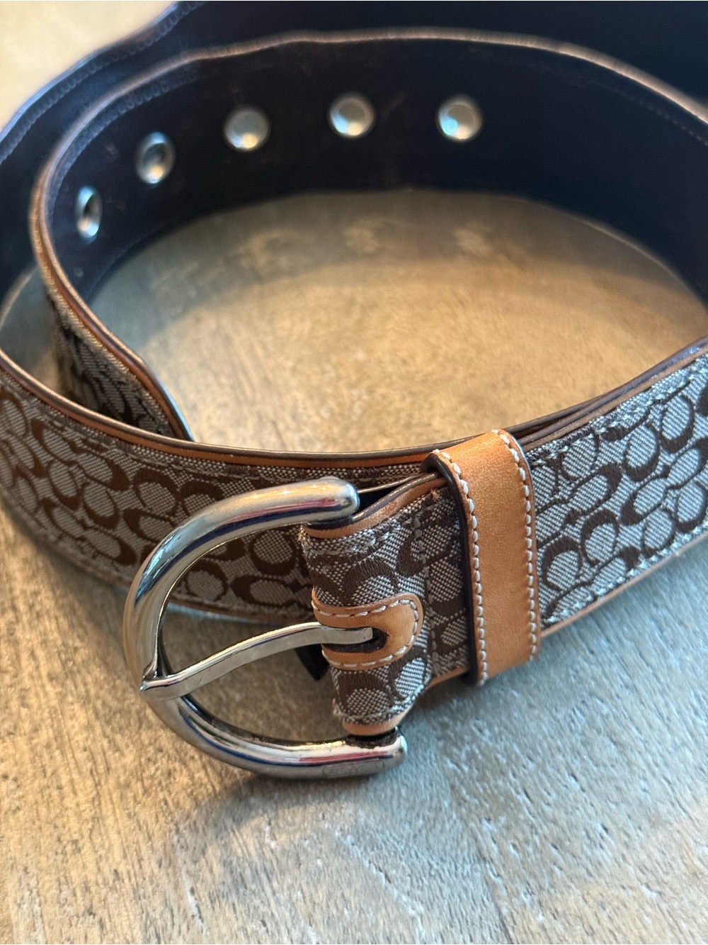 Coach Brown Signature Canvas Belt with Tan Leather Trim